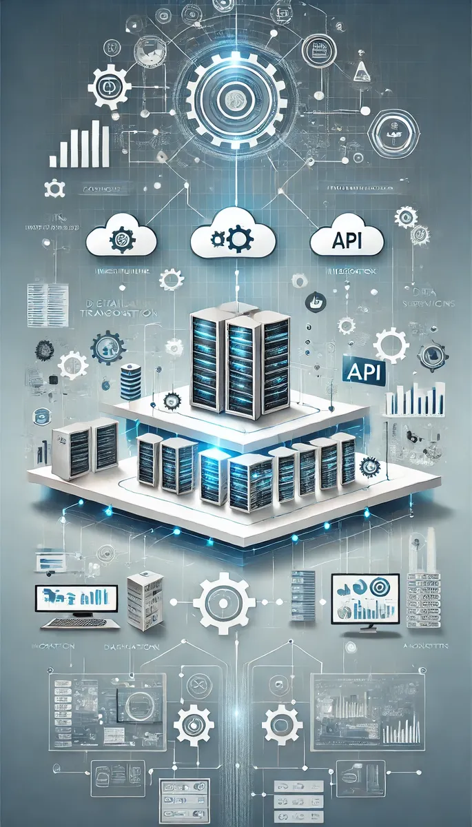 Isometric illustration of plant, data and cloud systems connected in one architecture