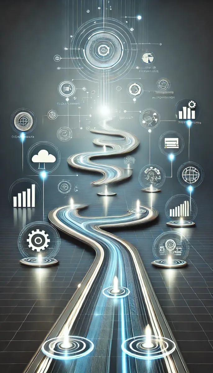 Illustration of a road leading through connected plant systems toward a goal