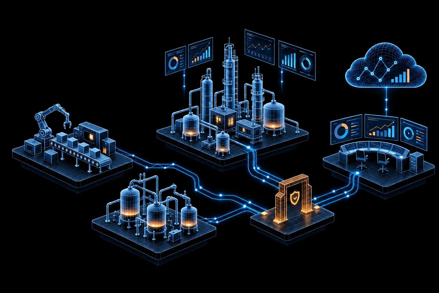 A production line, process plant and tank farm connected through an OT firewall to a control room and the cloud